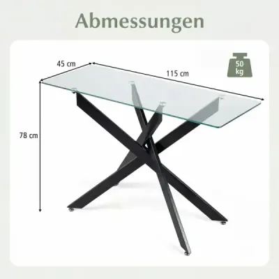 Moderní skleněný stůl s deskou z čirého tvrzeného skla a robustními kovovými nohami, konzolový stolek, černý