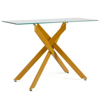 Moderní skleněný stůl s deskou z čirého tvrzeného skla a robustními kovovými nohami, konzolový stolek, zlatá
