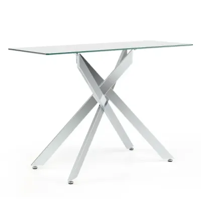 Moderní skleněný stůl s deskou z čirého tvrzeného skla a robustními kovovými nohami, konzolový stolek, stříbrná