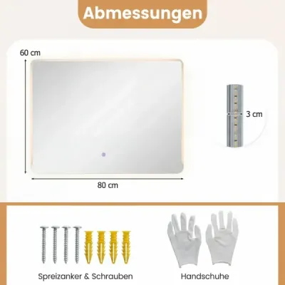 LED koupelnové zrcadlo s 3barevným osvětlením a úpravou proti zamlžování, nástěnné zrcadlo, kosmetické zrcadlo, 80 x 60 cm