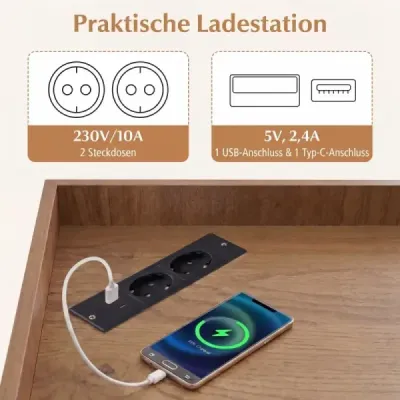 Rohová knihovna s nabíjecí stanicí, rohová police s 9 přihrádkami, 2 USB porty a 4 zásuvkami, přírodní povrchová úprava