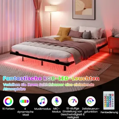 Manželská postel, plovoucí rám postele s LED osvětlením, moderní kovový rám postele, černá, 140 x 200 cm