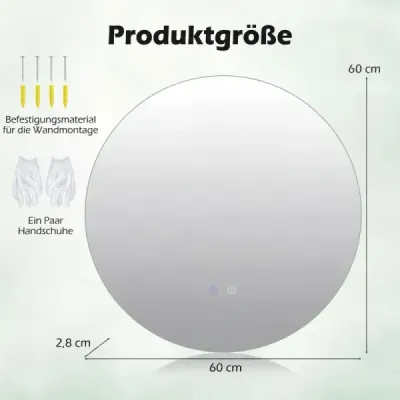 Ø60 Kulatý zrcadlo s LED osvětlením, nastavitelnou jasností a inteligentním dotykovým ovládáním