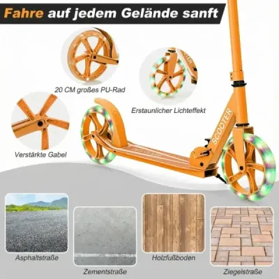 Skládací koloběžka s nosností 100 kg a 2 LED koly Výškově nastavitelná koloběžka Oranžová koloběžka