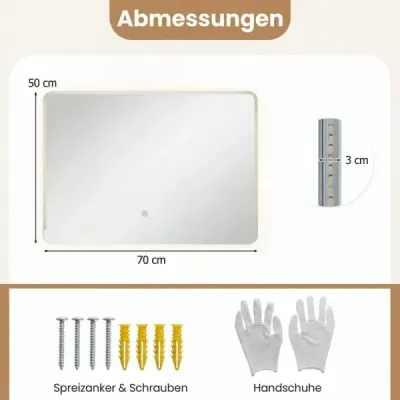 LED koupelnové zrcadlo s protizamlžovací funkcí, stmívatelné osvětlené kosmetické zrcadlo 70 x 50 cm
