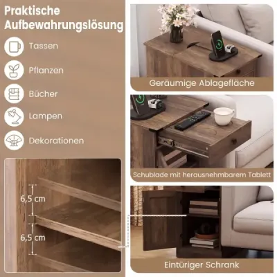 Sada 2 kusů: odkládací stolek, odkládací skříňka s nabíjecí stanicí, noční stolek se sklopnou deskou, zásuvka, rustikální hnědá barva