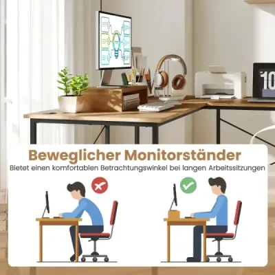 Počítačový stůl ve tvaru L, přestavitelný rohový stůl s odnímatelným držákem monitoru, přírodní