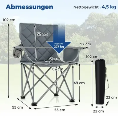 XXL skládací kempingová židle s chladicí taškou a držákem na nápoje, nosnost 227 kg, polstrovaná rybářská židle, šedá