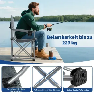 XXL skládací kempingová židle s chladicí taškou a držákem na nápoje, nosnost 227 kg, polstrovaná rybářská židle, šedá