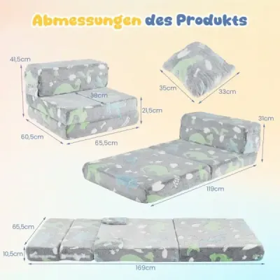 3 v 1 dětská pohovka svítící ve tmě s polštářem a snímatelným potahem Čalouněné dětské křeslo Šedá