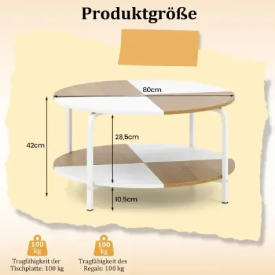 Kulatý konferenční stolek s odkládací přihrádkou a kovovým podnožím Dřevěný akcentní stolek Koktejlový stolek Bílý a přírodní