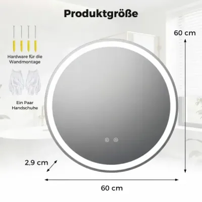 60 cm kulatý zrcadlo s LED osvětlením Koupelnové zrcadlo s nastavitelnou jasností Stříbrná