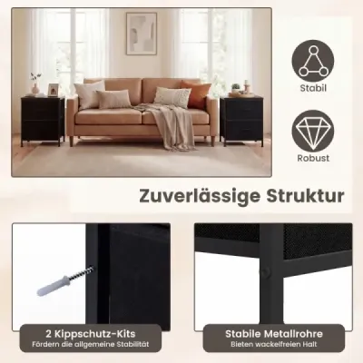 Sada 2 nočních stolků/odkládacích stolků se 2 látkovými zásuvkami a kovovým rámem, moderní noční stolek, černá
