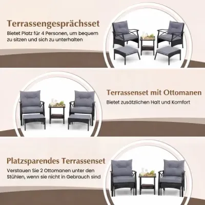 5dílná sada terasového nábytku z proutěného rákosu Venkovní rákosové židle s podnožkami Šedá