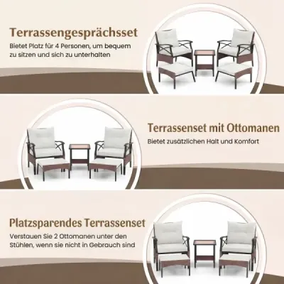5dílná sada terasového nábytku z proutěného rákosu Venkovní rákosové židle s podnožkami Béžová