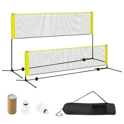 Badmintonová síť se stojanem Výškově nastavitelná badmintonová síť se 2 míčky a taškou na přenášení 310 x 102 x 89–155 cm Žlutá