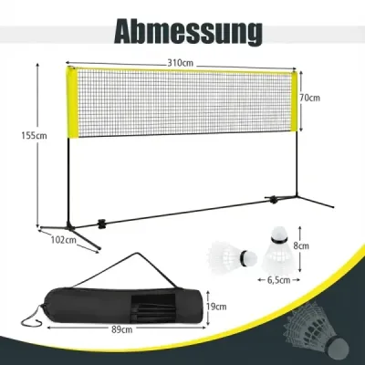 Badmintonová síť se stojanem Výškově nastavitelná badmintonová síť se 2 míčky a taškou na přenášení 310 x 102 x 89–155 cm Žlutá