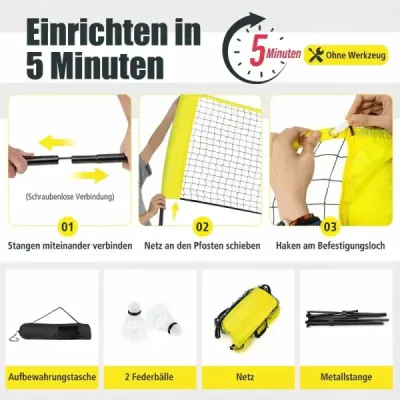Badmintonová síť se stojanem Výškově nastavitelná badmintonová síť se 2 míčky a taškou na přenášení 310 x 102 x 89–155 cm Žlutá