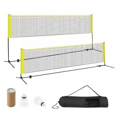 Badmintonová síť se stojanem Výškově nastavitelná badmintonová síť se 2 míčky a taškou na přenášení 420 x 102 x 89–155 cm Žlutá