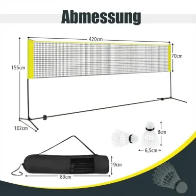 Badmintonová síť se stojanem Výškově nastavitelná badmintonová síť se 2 míčky a taškou na přenášení 420 x 102 x 89–155 cm Žlutá
