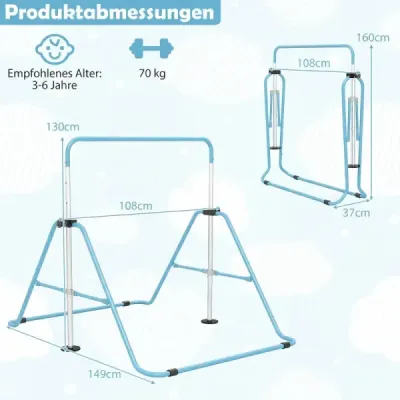 Dětská gymnastická hrazda 90–130 cm, výškově nastavitelná, skládací, modrá