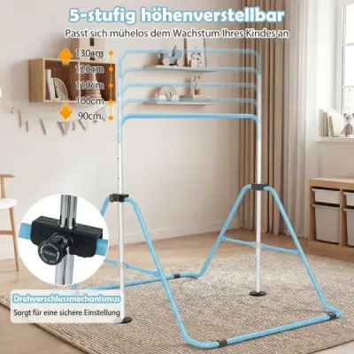 Dětská gymnastická hrazda 90–130 cm, výškově nastavitelná, skládací, modrá
