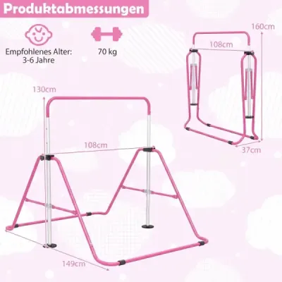 Dětská gymnastická hrazda 90–130 cm, výškově nastavitelná, skládací hrazda, růžová