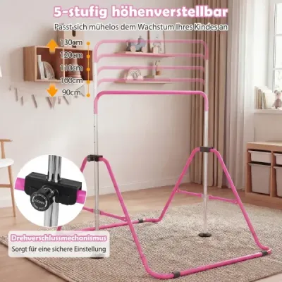 Dětská gymnastická hrazda 90–130 cm, výškově nastavitelná, skládací hrazda, růžová