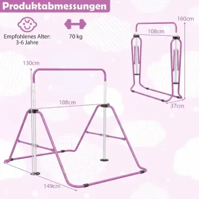 Dětská gymnastická hrazda 90–130 cm, výškově nastavitelná, skládací hrazda, gymnastická hrazda, fialová