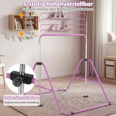 Dětská gymnastická hrazda 90–130 cm, výškově nastavitelná, skládací hrazda, gymnastická hrazda, fialová