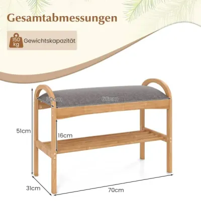 Bambusová lavice na boty Dvoupatrová botník s polstrovaným sedákem a policí 70 x 31,5 x 51 cm Přírodní a šedá