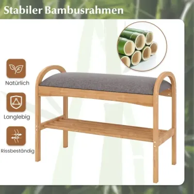 Bambusová lavice na boty Dvoupatrová botník s polstrovaným sedákem a policí 70 x 31,5 x 51 cm Přírodní a šedá