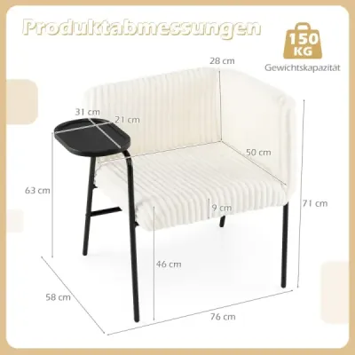 Moderní lounge sofa s podnosem Akcentní židle čalouněná manšestrovou látkou Křeslo se stabilním kovovým rámem Béžová
