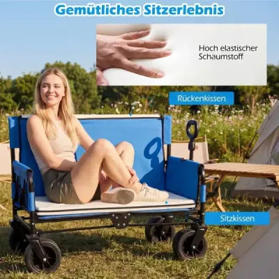 2 v 1 vozík s lavicí, skládací plážový vozík s nastavitelnou rukojetí pro tlačení/tažení, modrý