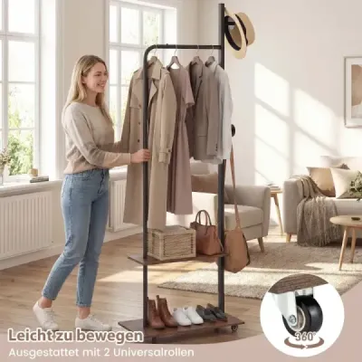 Věšák na šaty na kolečkách, otevřená tyč na šaty se 2 háčky, 60 × 30 × 175 cm, hnědý