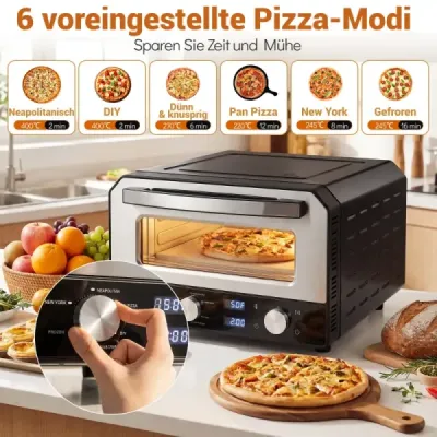 Elektrická pizza pec pro vnitřní použití Stolní pizza pec pro 30 cm pizzy s 6 přednastavenými programy Černá