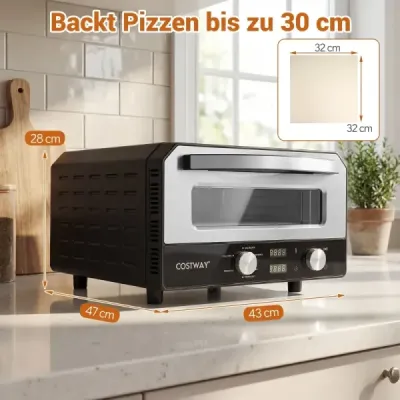 Elektrická pizza pec pro vnitřní použití Stolní pizza pec pro 30 cm pizzy s 6 přednastavenými programy Černá