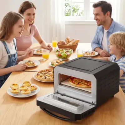 Elektrická pizza pec pro vnitřní použití Stolní pizza pec pro 30 cm pizzy s 6 přednastavenými programy Černá
