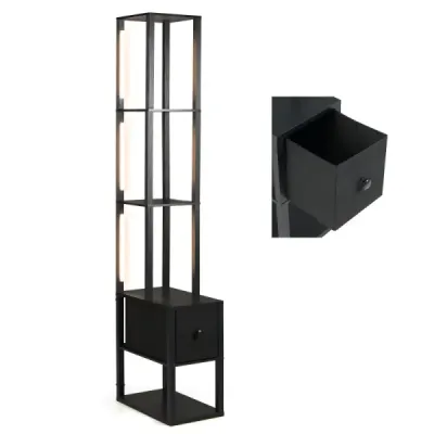 Stojací lampa s nastavitelnou jasností, moderní stojací lampa s odkládacím stolkem, 43,5 x 26,5 x 169 cm, černá
