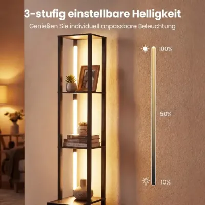 Stojací lampa s nastavitelnou jasností, moderní stojací lampa s odkládacím stolkem, 43,5 x 26,5 x 169 cm, černá