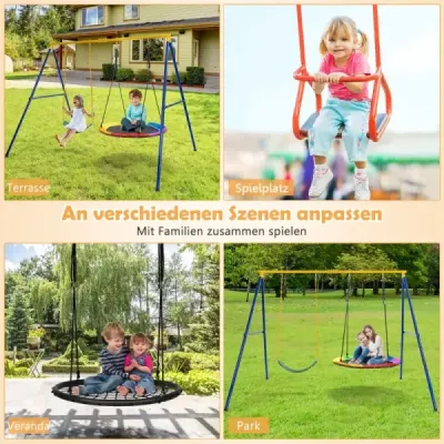 Houpací rám s dvojitou houpačkou s rámem ve tvaru písmene A, nový, s extra silným karabinovým háčkem, 249 x 185 x 181,5 cm, modrá + žlutá
