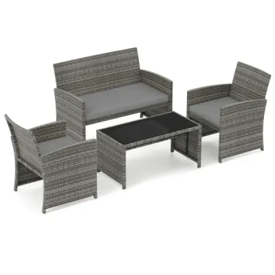 4dílná sada zahradního nábytku, sada pro posezení včetně ratanové židle Loveseat a stolu, sada balkonového nábytku, šedá