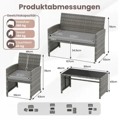 4dílná sada zahradního nábytku, sada pro posezení včetně ratanové židle Loveseat a stolu, sada balkonového nábytku, šedá
