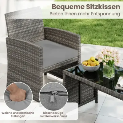 4dílná sada zahradního nábytku, sada pro posezení včetně ratanové židle Loveseat a stolu, sada balkonového nábytku, šedá