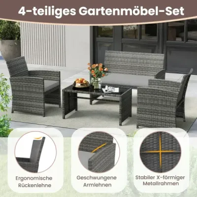 4dílná sada zahradního nábytku, sada pro posezení včetně ratanové židle Loveseat a stolu, sada balkonového nábytku, šedá
