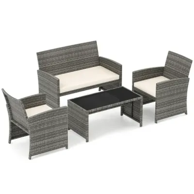 4dílná sada zahradního nábytku, sada pro posezení včetně ratanové židle Loveseat a stolu, sada balkonového nábytku, béžová