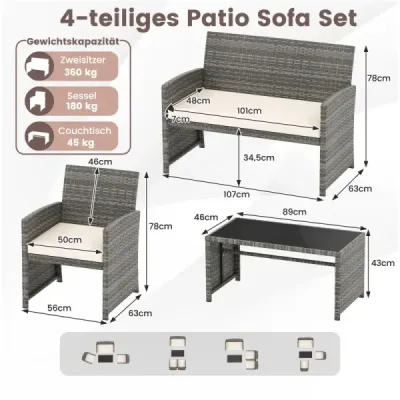4dílná sada zahradního nábytku, sada pro posezení včetně ratanové židle Loveseat a stolu, sada balkonového nábytku, béžová