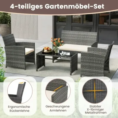 4dílná sada zahradního nábytku, sada pro posezení včetně ratanové židle Loveseat a stolu, sada balkonového nábytku, béžová