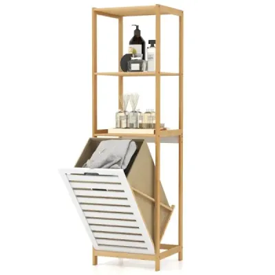 4stupňová koupelnová police s výklopným košem na prádlo Bambusová vysoká skříň Skříň na prádlo 36 x 33 x 130 cm Přírodní + bílá
