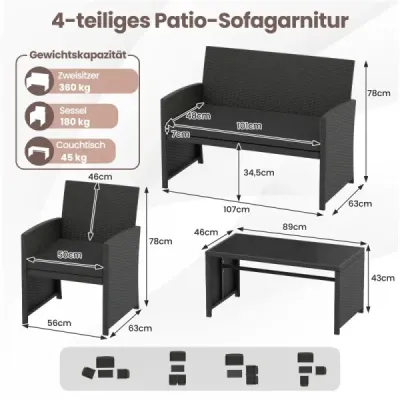 4dílný ratanový zahradní nábytek Wicker 2místná pohovka s konferenčním stolkem z tvrzeného skla, černá